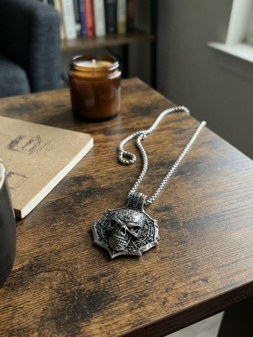 Mens stainless steel engraved skull pendant necklace gothic
